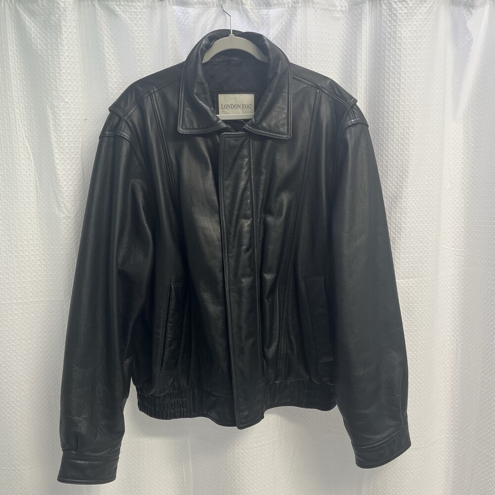 London Fog Men’s Black Leather Bomber Jacket Classic Aviator Large